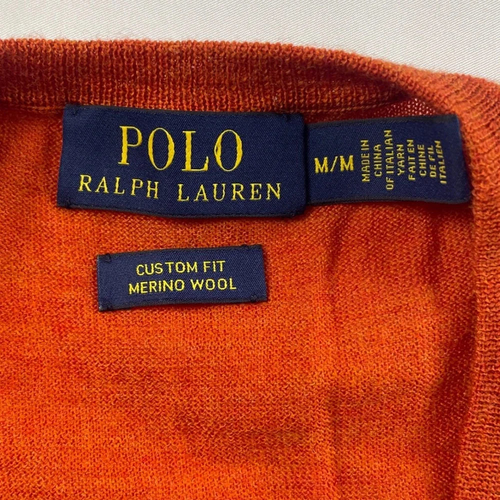 Polo Ralph Lauren Mens Orange Merino Wool V-Neck Sweater Custom Fit Medium
